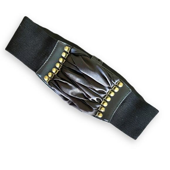Vintage Corset Cinch Belt Black Stretch Elastic Faux Leather Snap Back Goth - Picture 8 of 8